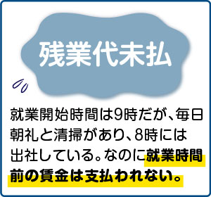 相談事例４【残業代未払】就業開始時間は９時だが、毎日朝礼と清掃があり、８時には出社している。なのに就業時間前の賃金は支払われない。
