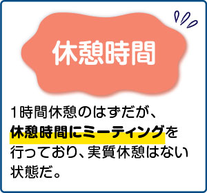 相談事例５【休憩時間】１時間休憩のはずだが、休憩時間にミーティングを行っており、実質休憩はない状態だ。