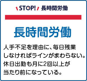 相談事例２【長時間労働】求人の時は 「残業なし」となっていたが、実際に働き始めると、 早出・残業はあたりまえで手当もつかない。