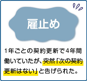 相談事例２【雇止め】1年ごとの契約更新で4年間働いていたが、 突然「次の契約更新はない」と告げられた。