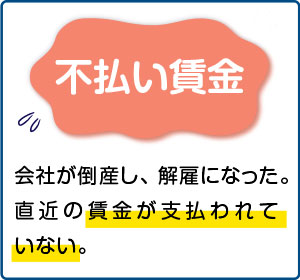 相談事例５【不払い賃金】会社が倒産し、 解雇になった。 直近の賃金が支払われていない。